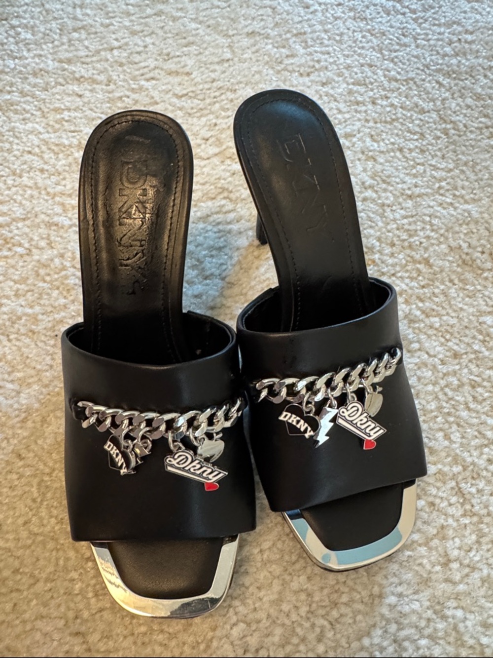 DKNY Black Slide heels with Silver Chain and Logo Charms